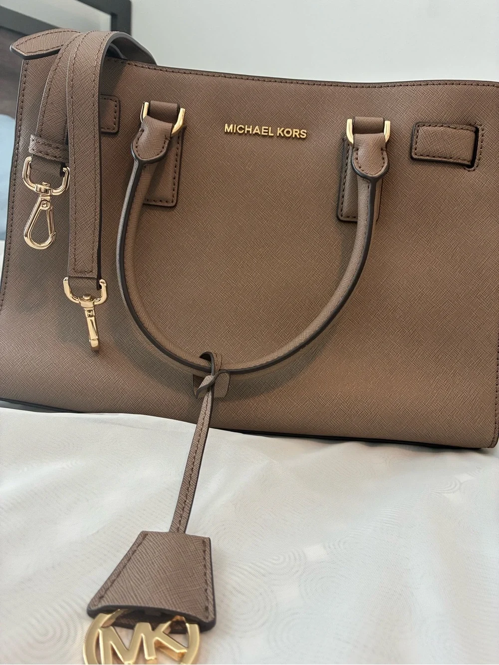 Michael Kors Brown Saffiano Leather Satchel with Gold Hardware
